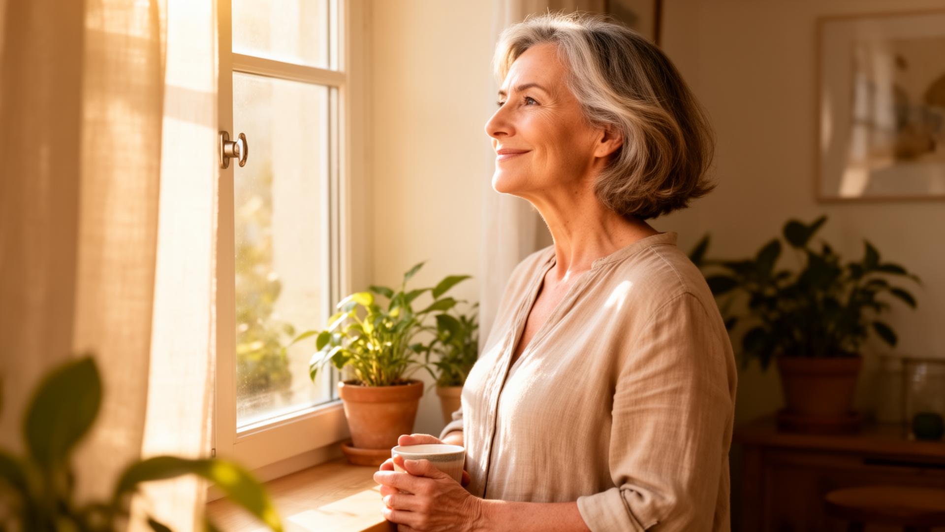 Femme épanouie regardant par la fenêtre, lumière du matin