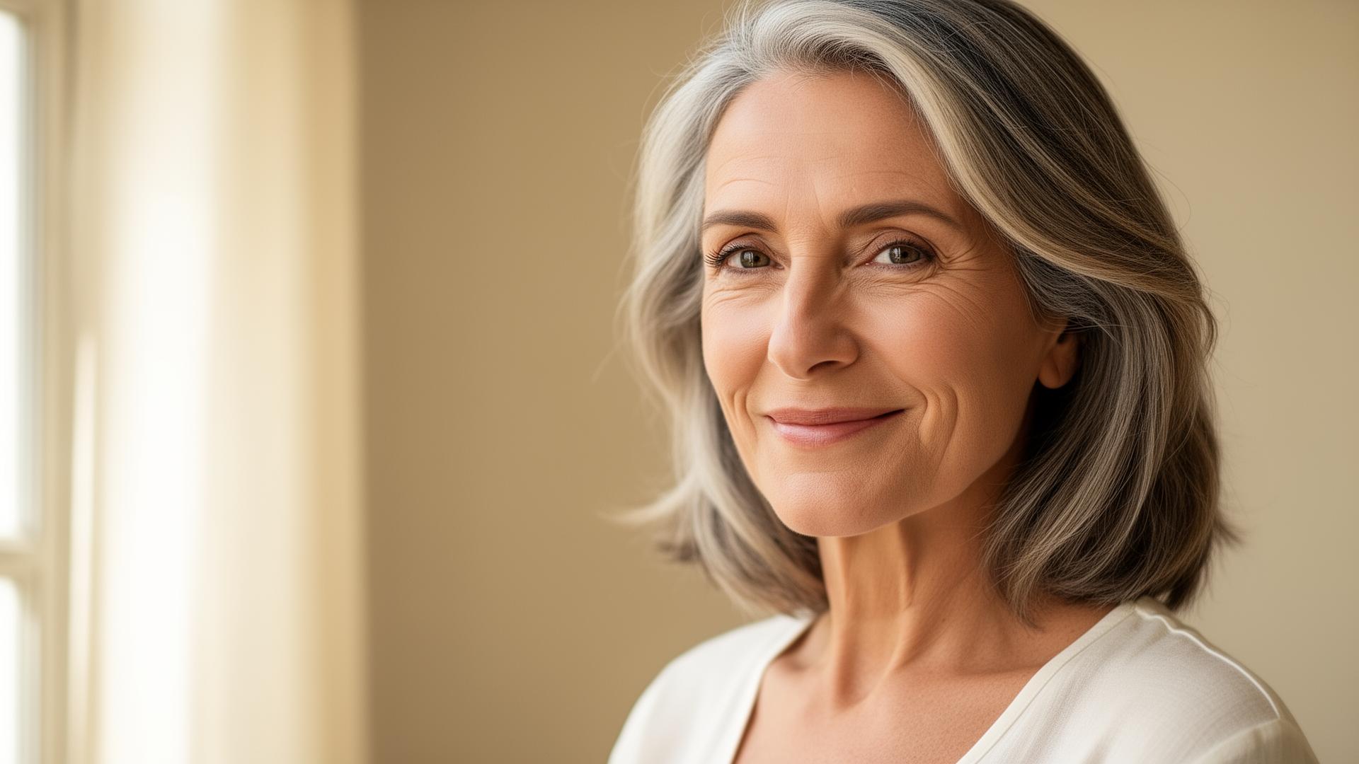 Femme épanouie de la cinquantaine souriant dans une lumière douce